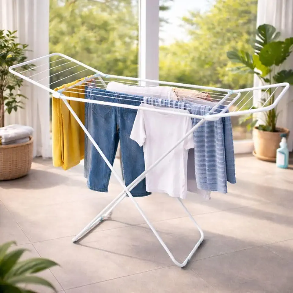 Varal de Chão com Abas Dobrável Slim Aço Resistente Compacto Portátil Leve Dobrável com Pintura Epóxi Ideal para Apartamentos Lavanderia Varal de Roupas Interno Externo Prático Durável