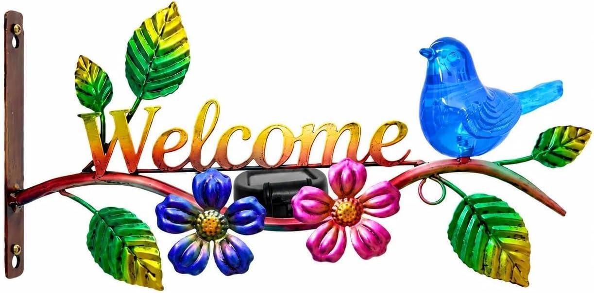 Solar Outdoor Hanging Bracket with LED Blue Bird, 12.8-Inch Metal Welcome Sign Plant Hanger, Holds Up to 10 lbs for Hanging Baskets, Lanterns, Porch, Fence & Garden
