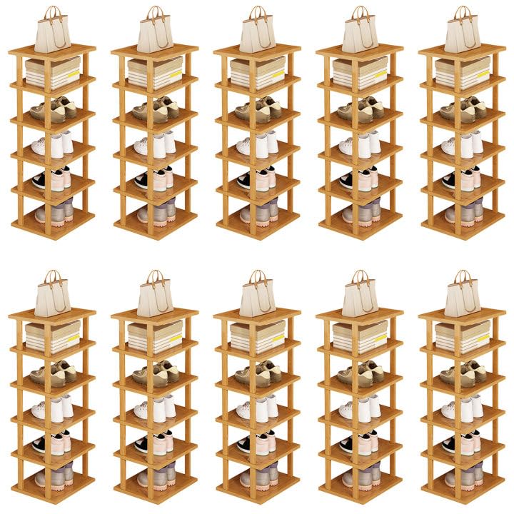 Nylvane Zapatero vertical de bambú de 6 niveles, almacenamiento de zapatos delgado para espacios estrechos, zapatero alto para entrada o esquina