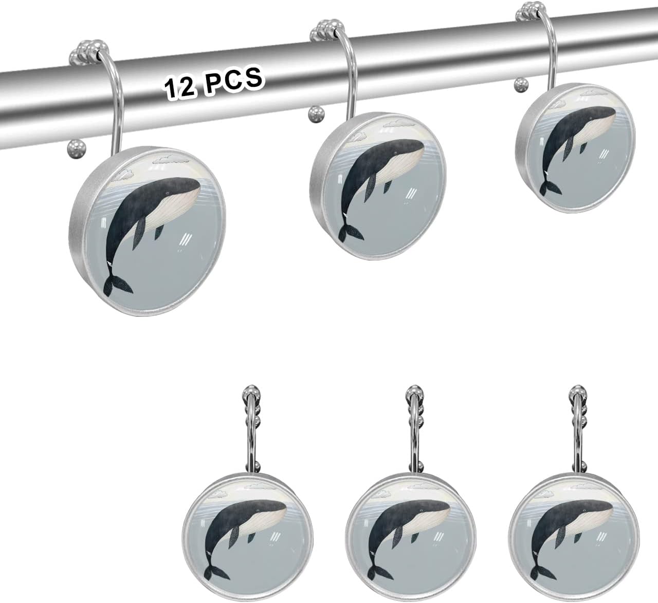 Cartoon Shower Curtain Hooks, Sea Waves Blue Whale Clouds 12PCS Shower Curtain Hooks Rings for Bathroom Stainless Steel Rust Resistant Shower Curtain Hangers