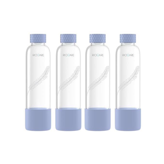 Rioware® Purifa Pro Borosilicate Glass Water Bottle With Silicon Sleeve (750Ml) | Airtight Lid | Leak Proof | Silicon Cap | Fridge Water Bottles For Home, Office & Gym -Pack Of 04(Blue)