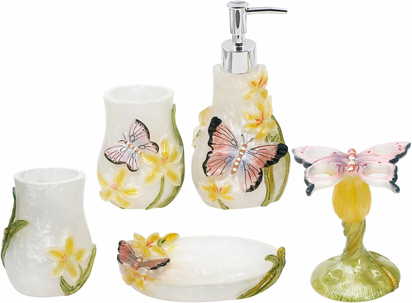 Decorative Bathroom Accessory Vanity Set Including Tumblers, Soap Dish, Shampoo and Body Wash Liquid Soap Dispenser and Toothbrush Holder, Gift for Girl with Butterfly Pattern