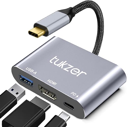 Tukzer 3-in-1 USB Type C to HDMI Adapter 4K@30Hz, 100W PD Fast Charging Port, USB A 3.0 @5Gbps Speed, MultiPort HUB for MacBook Pro Air, Windows,…