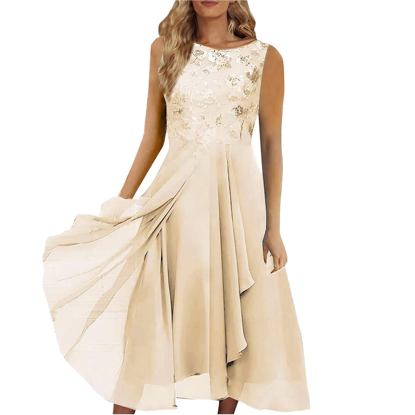 Robe Longue en Mousseline de Soie Fendue à col Rond et Dentelle ajourée pour Femme, Robe de soirée pour Demoiselle d'honneur Robe Courte Demoiselle D Honneur