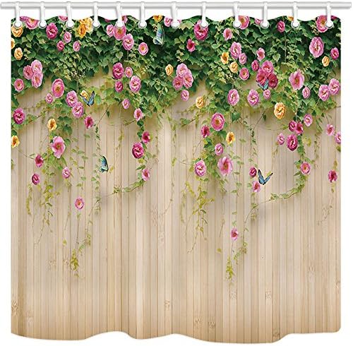Floral Shower Curtains By JAWO 3D Rosemary Flower with Butterfly on Rustic Wooden Background Bath Curtains, 69X70 Inches, Garden Shower Curtains, Beige Pink Green