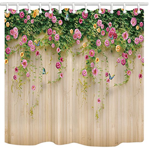 Floral Shower Curtains By JAWO 3D Rosemary Flower with Butterfly on Rustic Wooden Background Bath Curtains, 69X70 Inches, Garden Shower Curtains, Beige Pink Green