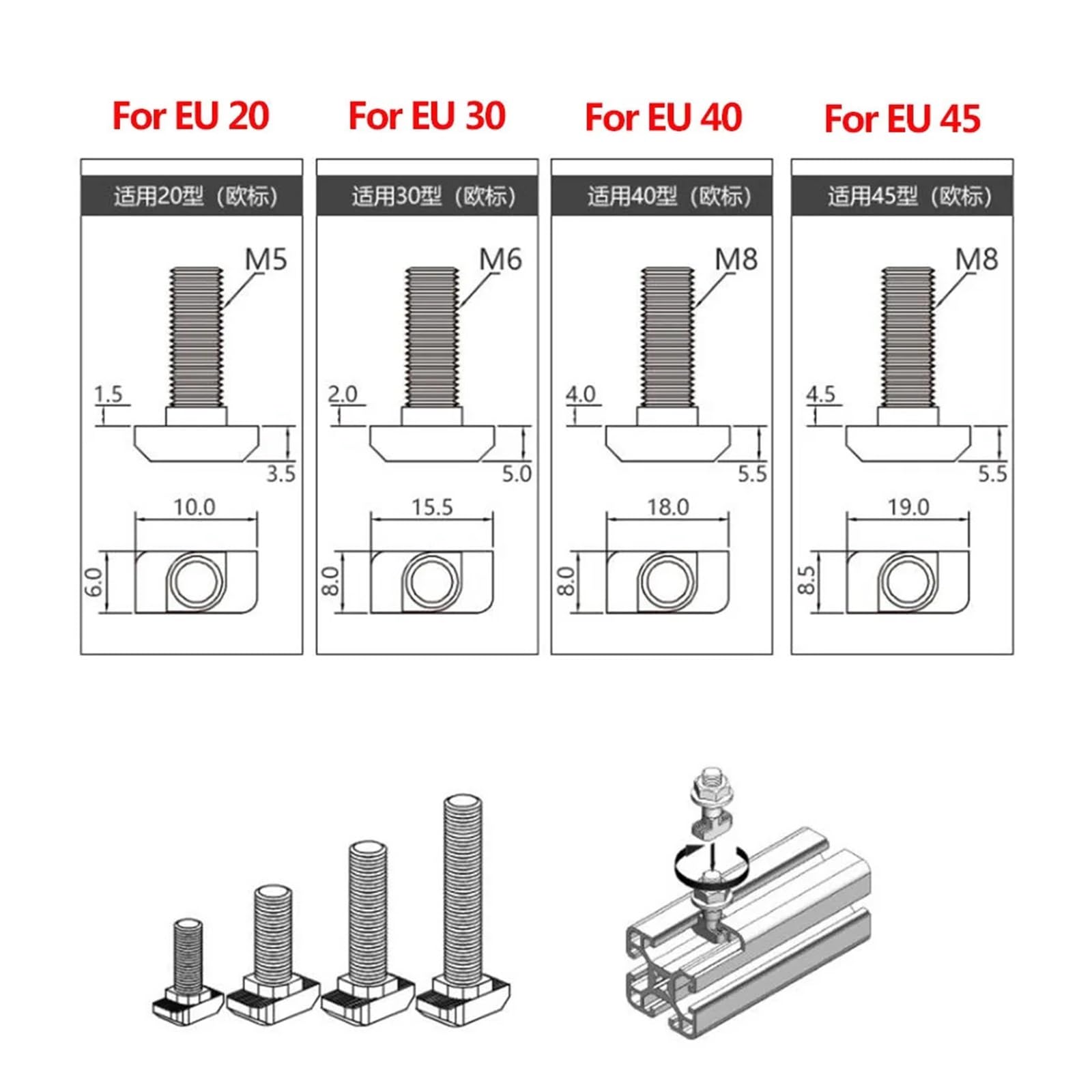 Kit di bulloni e Dadi per scanalature a T, Bullone a T nichelato M5 M6 M8 con Dadi flangiati esagonali for Profili con scanalatura a T 20-45, Dimensioni Multiple(5Pcs,40- M8x40mm)