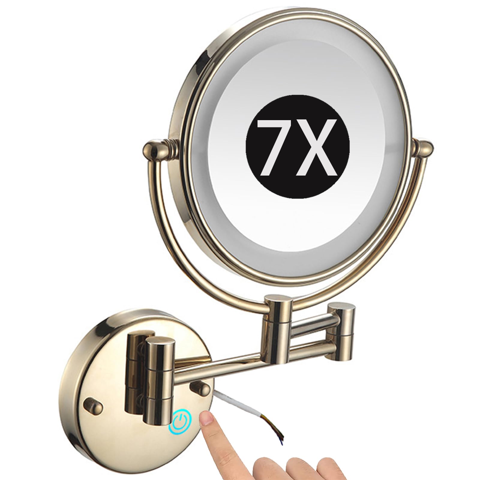 SXFSDOU 8" Wall Mounted Lighted Makeup Mirror, Hardwired Dimmable Double Sided Magnifying Extendable LED Bathroom Vanity Mirror with Lights,Gold,7X