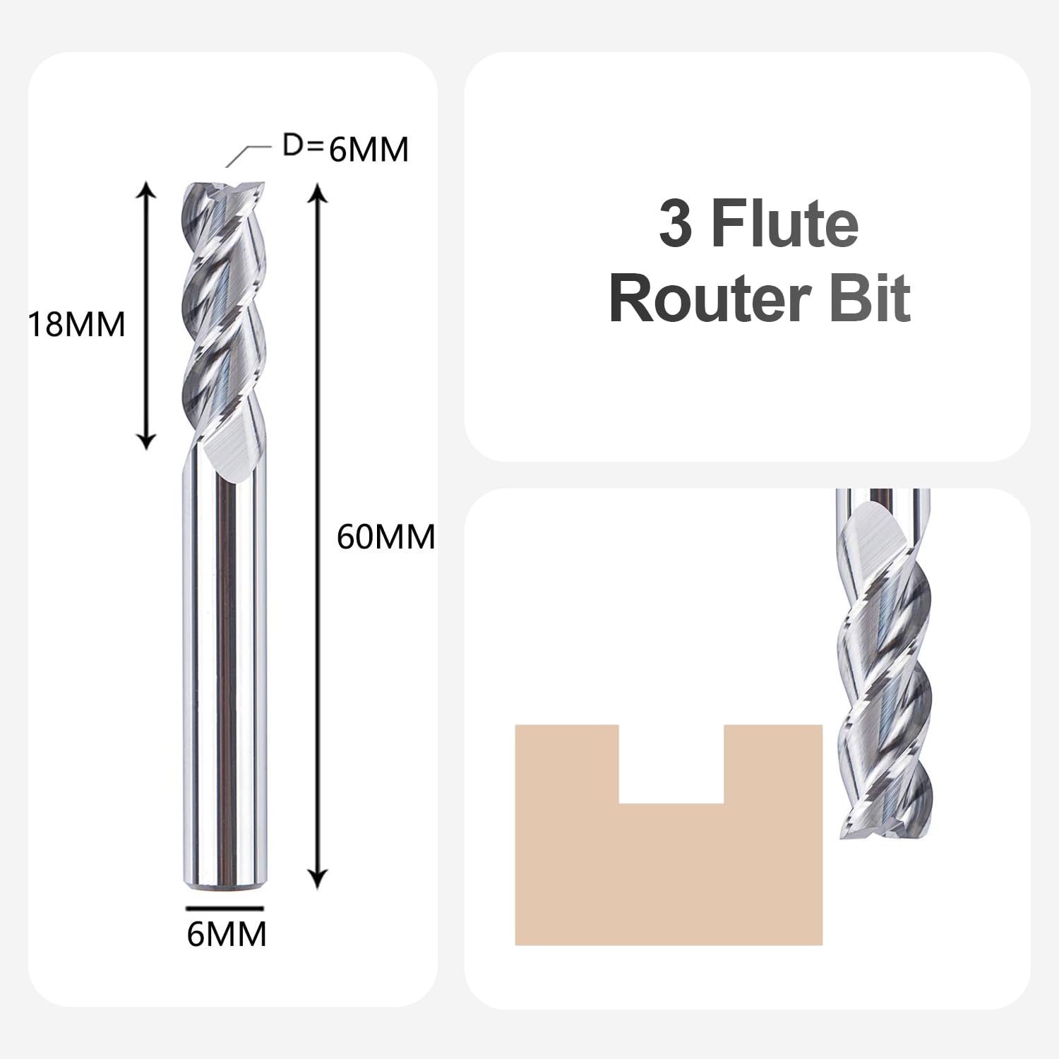 SpeTool VHM 3 Flöten Alufräser CNC Fräser mit 6 mm Schneiddurchmesser x 18 mm Schnittlänge, 6 mm Schaft Schaftfräser für Aluminium und Kunststoff