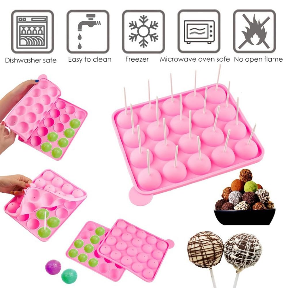 Moule Cake Pop Silicone 20 Cavités - Avec Bâtonnets - Diamètre 4cm - Résistant à Chaleur - Pour Sucettes Et Chocolats