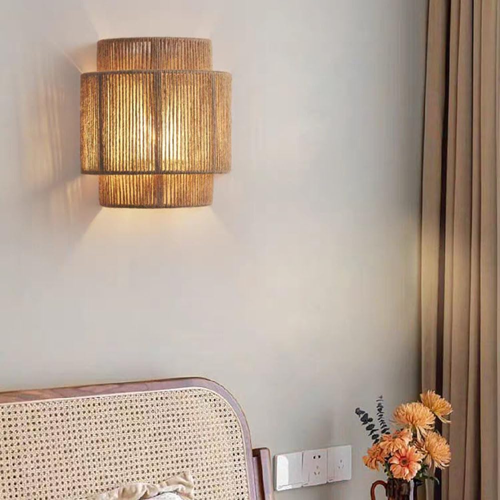 Innen Boho Wandleuchte Vintage Hanfseil Wandlampe Handgewebter Wandlicht aus Naturmaterial E27 Innen Dekoration Wandbeleuchtung Rattan Bambus für Wohnzimmer Schlafzimmer Heim Esszimmer