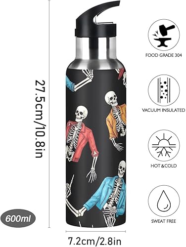 Miniatura 9 de BPA-Free Sport Water Bottle 32 Oz, Stainless Steel Water Bottle for Gym Outdoor Travel School, Human Skeletons Rock Roll Gesture
