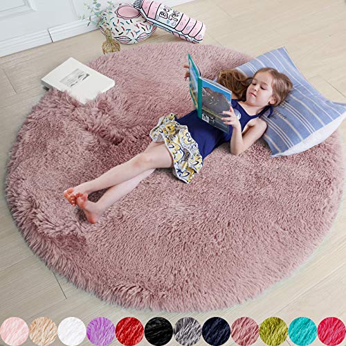 Image of Blush Fluffy Circle Round Rug for Bedroom 5'X5' for Kids Room,Furry Carpet for Teen Girls Room,Shaggy Circular Fuzzy Plush Rug for Nursery Room, Dorm,Blush Carpet,Cute Room Decor for Baby