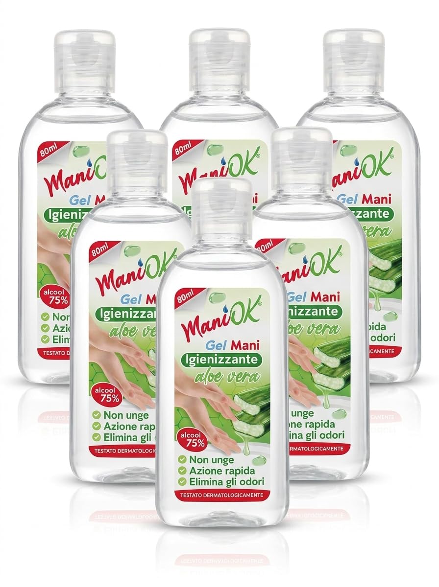 Gel Igienizzante Mani all'Aloe Vera, 80ml, Set Professionale da 3, 6 o 12 Pezzi (Set da 6 Flaconi)