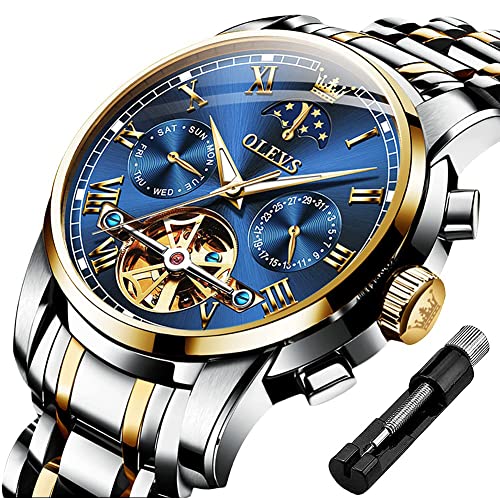 OLEVS Mens Automatic Watches Skeleton Mechanical Self Winding Luxury Dress Wrist Watch Moon Phase Day Date Waterproof Luminous Two Tone Watches Gifts