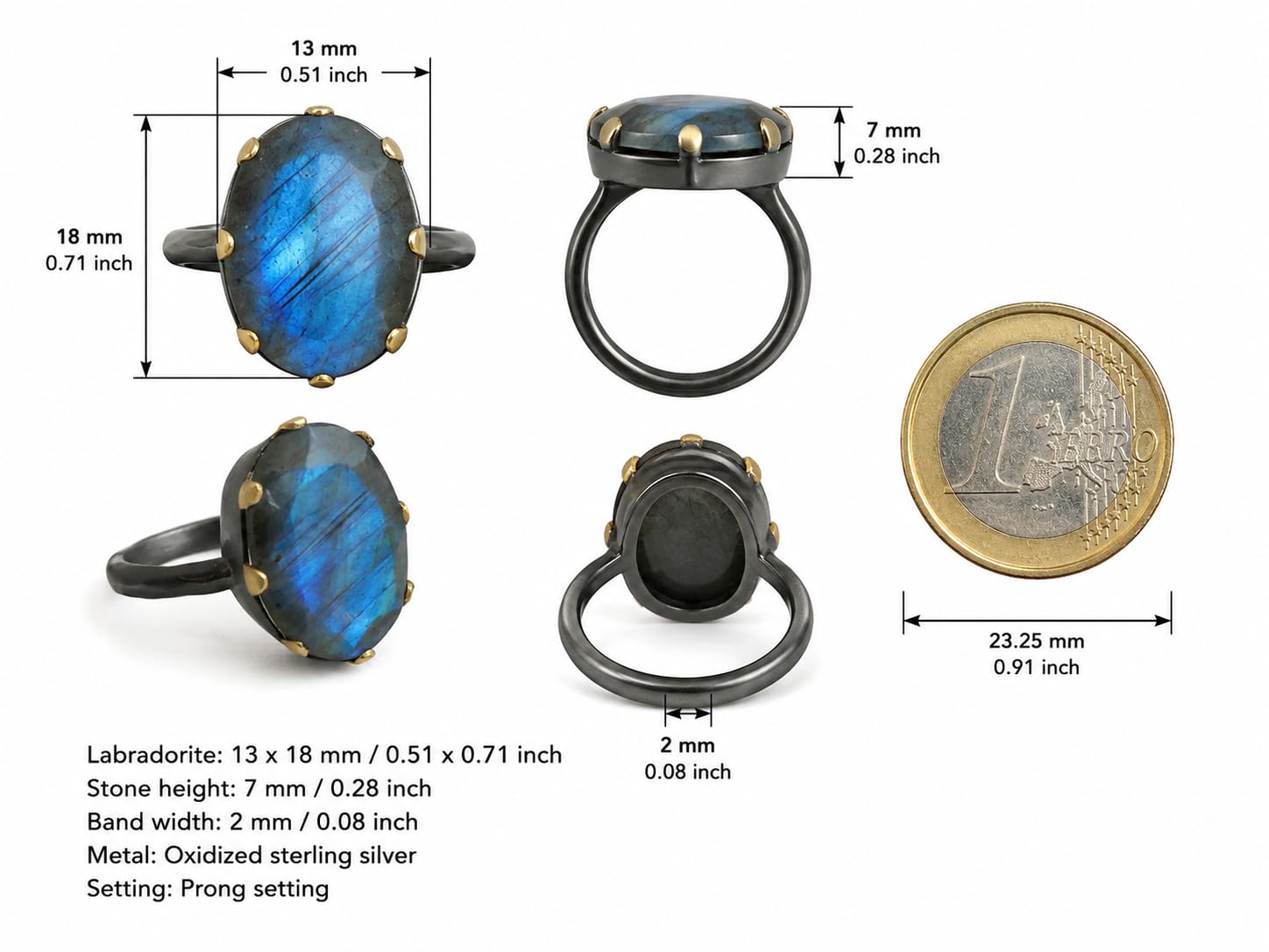 Anillo de cóctel de plata de ley con mezcla de metales y labradorita
