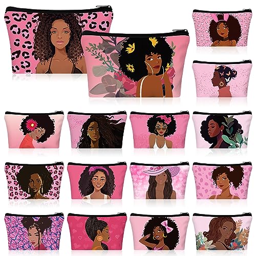 Mumufy 16 Pcs Black Women Makeup Bag African American Makeup Bag Afro Toiletry Canvas Cosmetic Bags Reusable Zipper Pouches Multi Purpose Organizer for Travel Women Inspirational Gifts