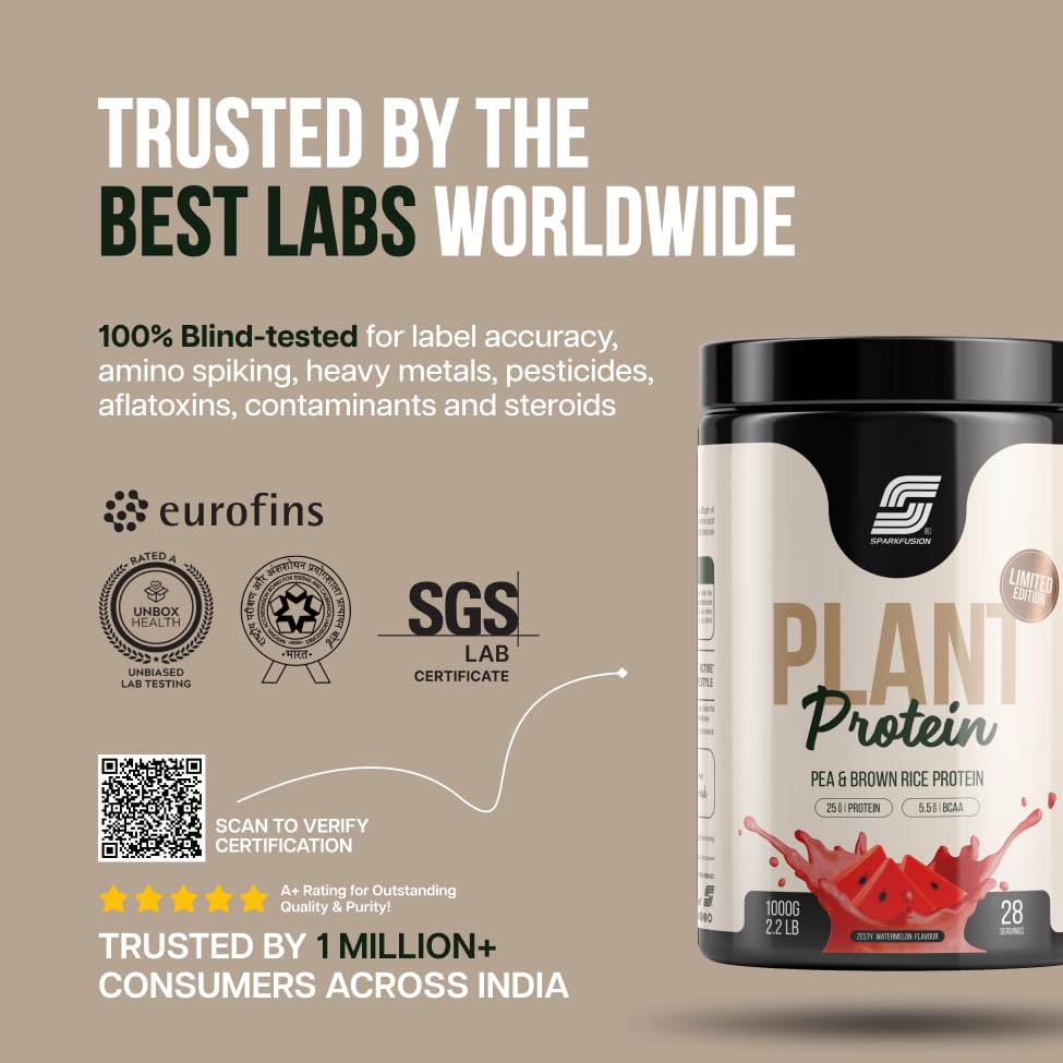 Image of Sparkfusion Plant Protein Powder Organic Isolated Pea & Brown Rice Protein 25 gm Protein Easy To Digest Triple| Zesty Watermelon Flavour 1 kg
