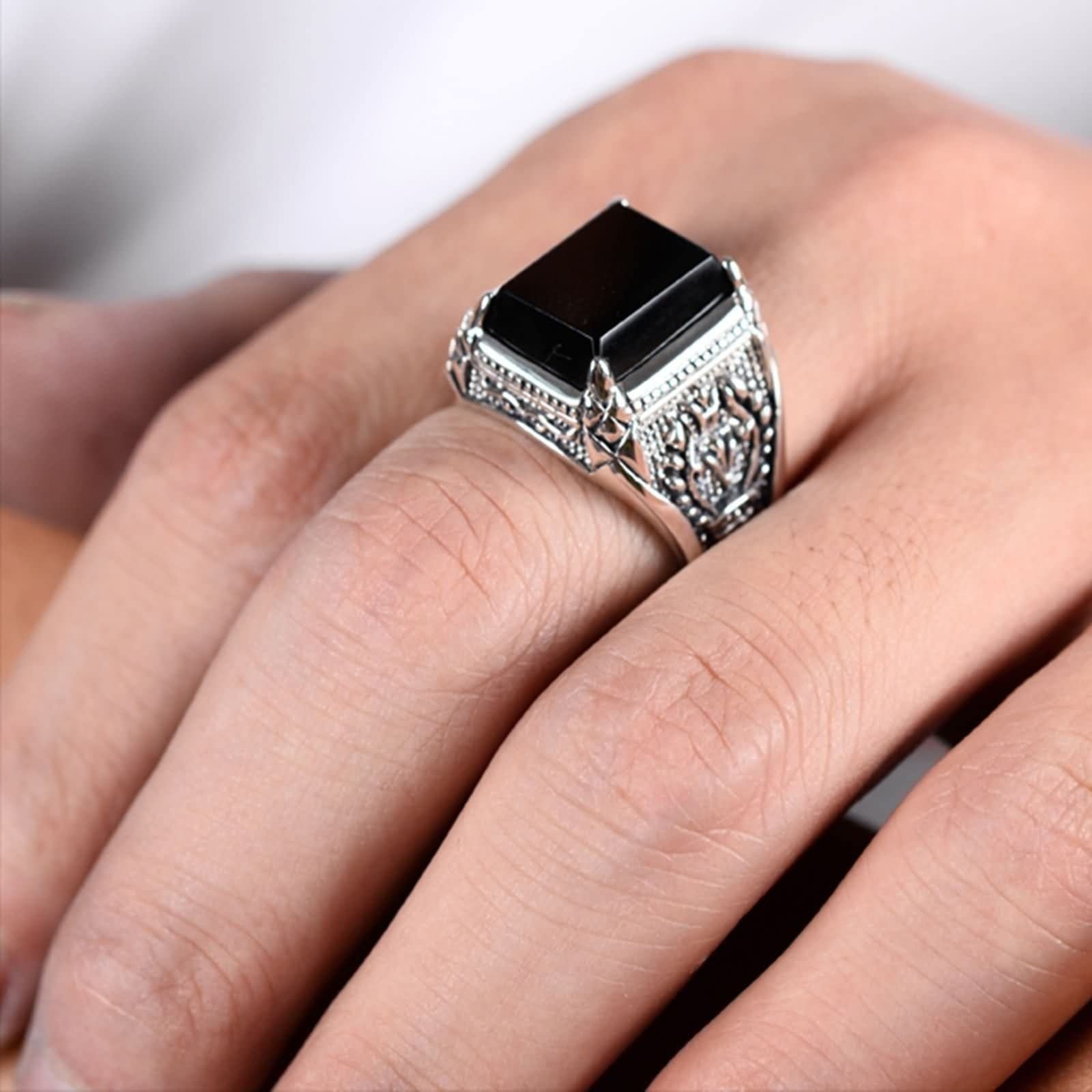 Anello da uomo in argento 925, da uomo, stile retrò, agata nera con filigrana, anello di fidanzamento da uomo, 18 (18,5), Zirconia cubica