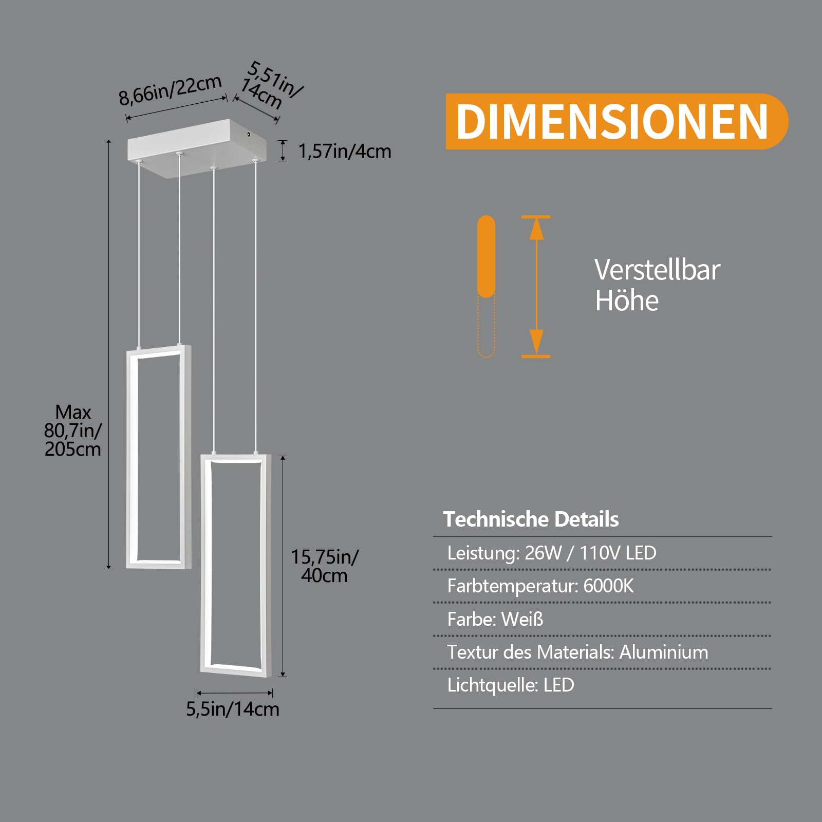 Lampada Da Cucina Moderna Dimmabile LED Lampadario in Bianco 2 anelli Lampada Rettangolare Per Ristorante, Camera Daletto, Corridoio Soggiorno