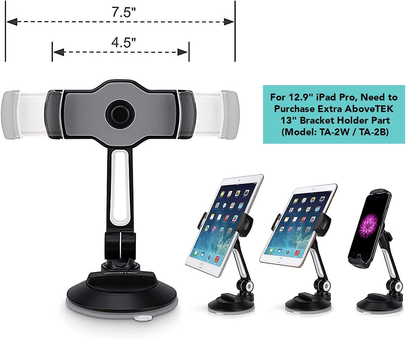 AboveTEK Phone Tablet Stand Holder with Suction Cup Fits 4-11”,Large Sticky Pad Tablet Mount on Kitchen Office Window Bathroom Mirror Car Truck, Bracket Tablet Holder for 5.5-13.5" Tablet & Phone