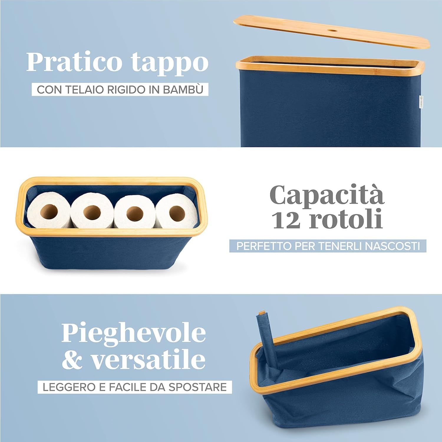 LONBET para 12 Rollos Almacenaje Papel Higienico con Tapa de Bambú - Almacenamiento Baño Plegable e Impermeable - Diseño Elegante y Apilable con Montaje Rápido - Toilet Paper Storage, Blu