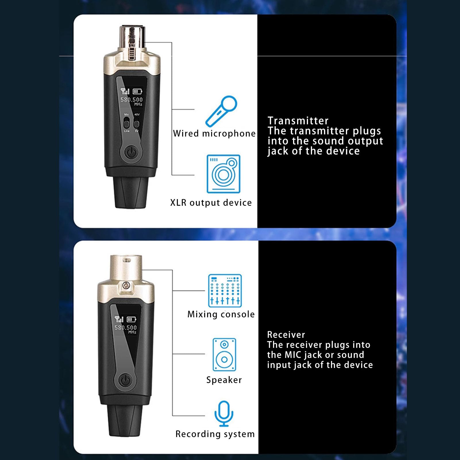 Drahtloser Mikrofonsender, UHF-XLR-Funkmikrofonsystem, Unterstützt 48 V Phantomspeisung, 262 Fuß Reichweite, XLR-Mikrofon-Funksystem für Dynamischen Kondensator-Mikrofonmischer