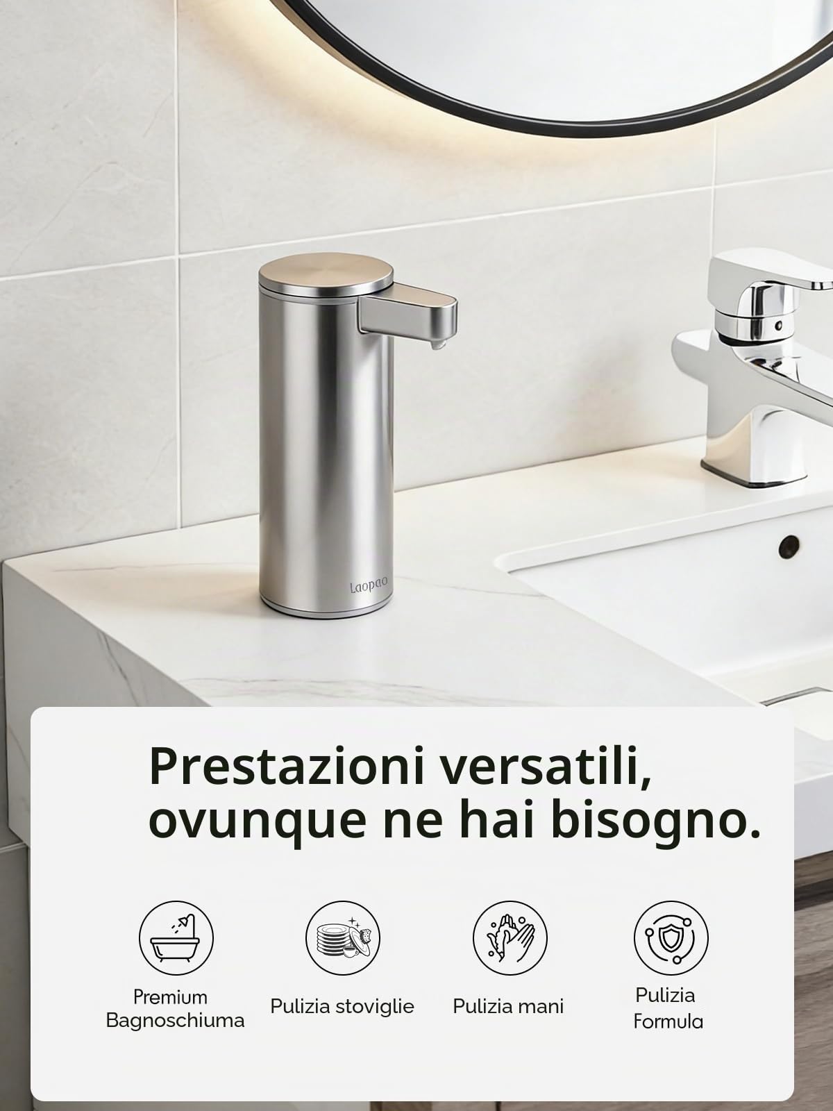 Dispenser Sapone Automatico Acciaio Inossidabile: 3 Modalità Rapido Sensore | Pompa Anti-Otturazione, Sistema Antigoccia, Impermeabile, USB Ricaricabile, per Bagno Cucina Lavaggio Mani e Stoviglie