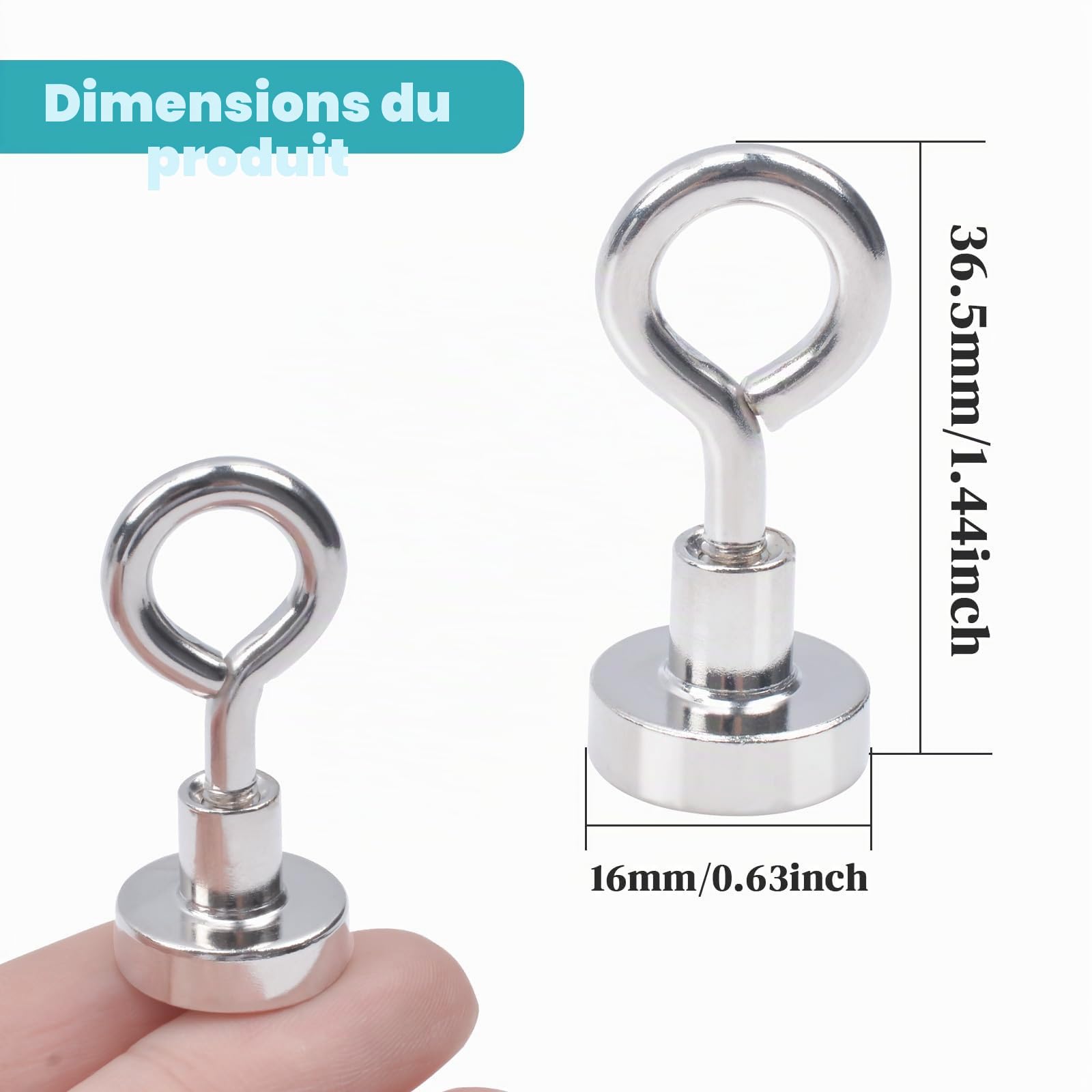MIN CI 30 Crochets Magnétiques Extra Puissants de 16 mm Néodyme - Force de Traction 8 kg - Aimant à œillets Avec Crochet - Support Magnétique Rond Pour Camping Garage Cuisine Bureau