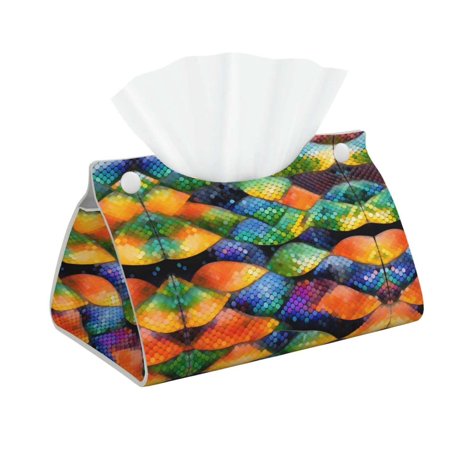 Rainbow Fish Scale Print Long Tissue Box Cover Holder Foldable Leather Organizer for Vanity, Nightstand, Desk & Bathroom
