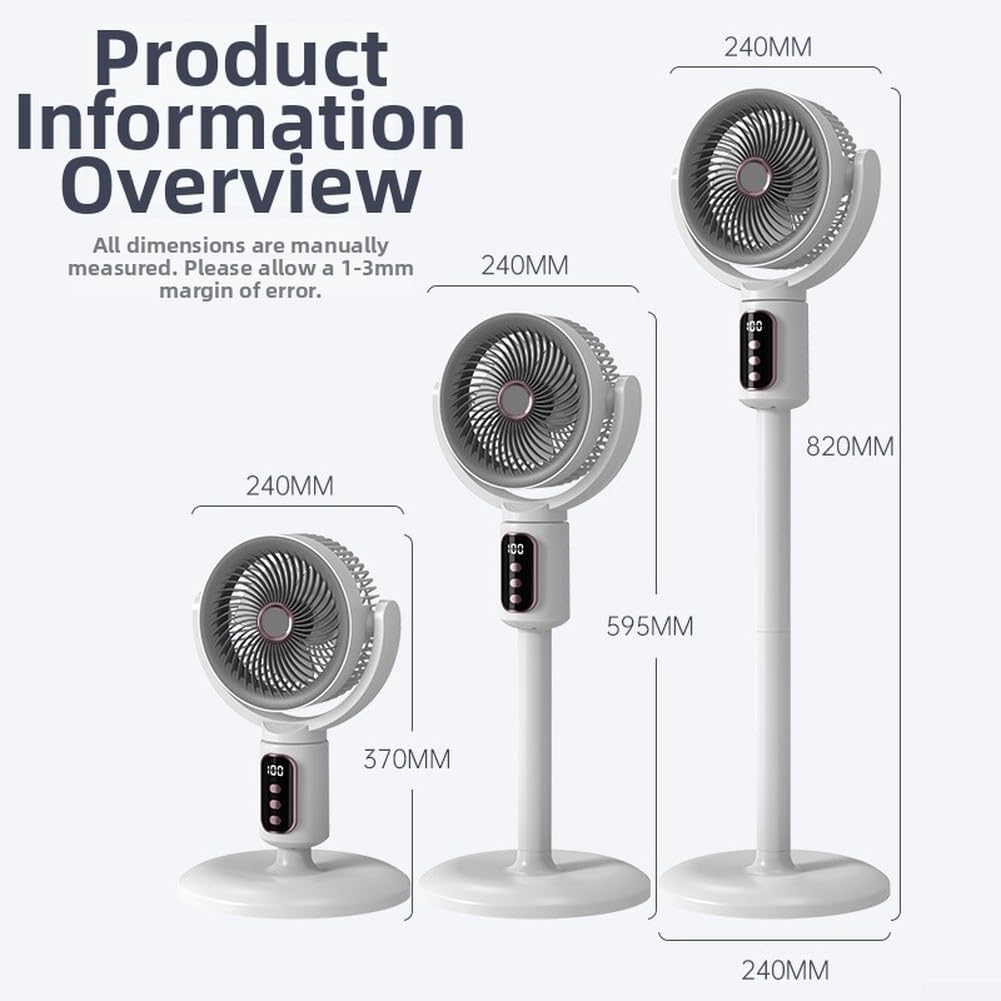 Primevolve Ventilatore da terra oscillante portatile bianco senza fili ricaricabile tramite USB, oscillazione a 180°, con telecomando, silenzioso, motore brushless, circolatore d'aria per casa e