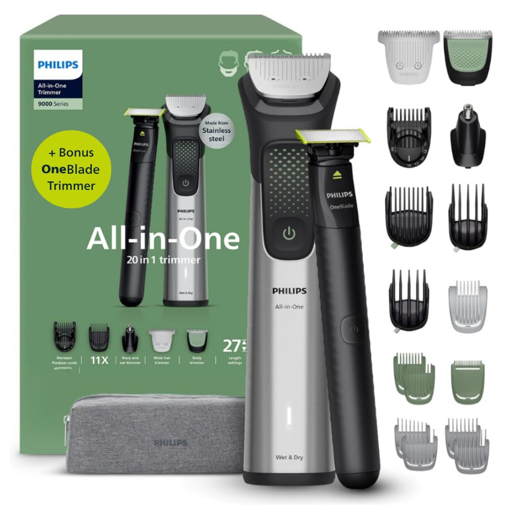 Philips Multigroom 9000 Series All-in-One 20-Piece Trimmer, Shaver & Clipper + OneBlade Trimmer for Men - All-Over Grooming Set for Face, Head & Body, 27 Length Settings (0.2-20 mm), MG9558/30