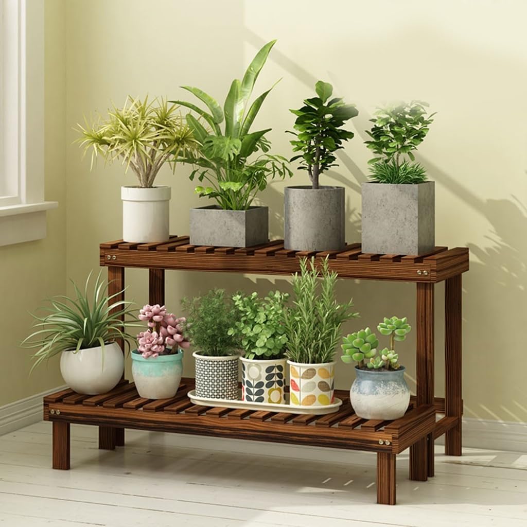 Garten Stufenhölzerner Blumenständer Balkongrünpflanzenständer Wohnzimmerblumentopfständer Gartendekorationsständer (Color : Brown, Size : 98x25x15cm)