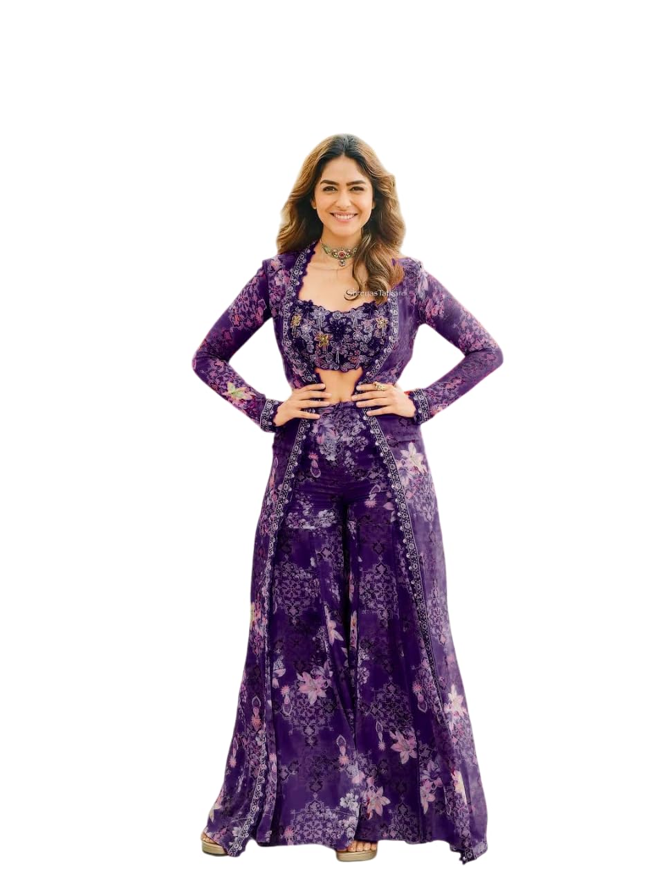 Trendy Red Floral Printed Co-ord Set for Women – Stylish Crop Top with Long Jacket & Wide-Leg Pants