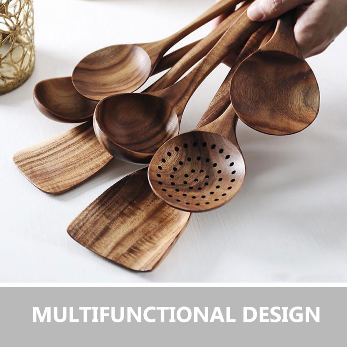 Set di Cucchiai in Legno per Cucina con Manico Comodo, Utensili Pratici ed Eleganti, per Servire e Preparare Piatti con Design Minimalista