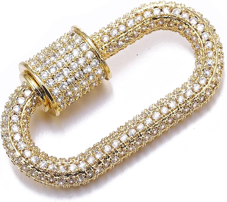 Sterling Silver Oval Carabiner Lock with CZ Diamond Clasp, Yellow Gold Finish, Handmade Jewelry