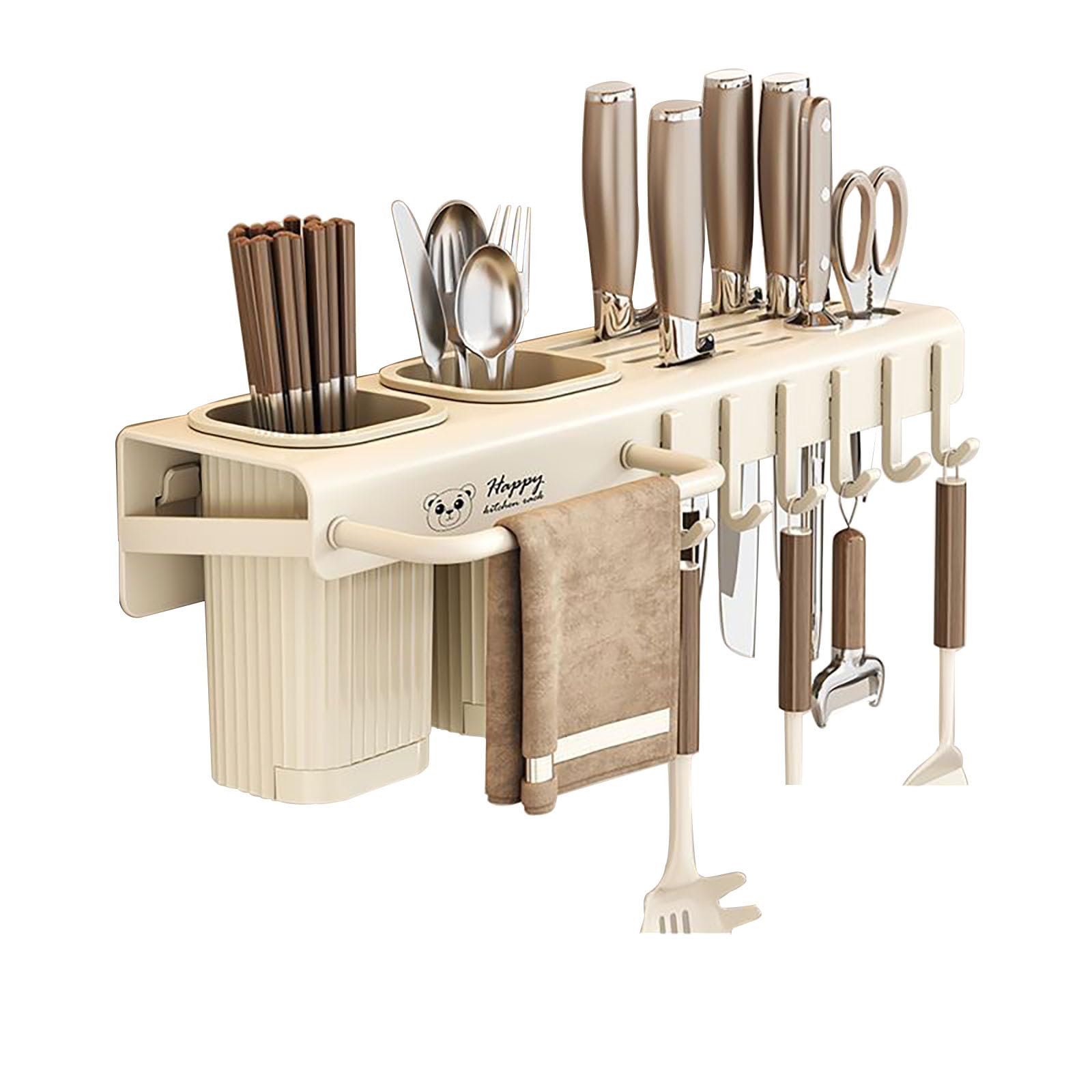Küchenregal Wand ohne Bohren 30/40cm Wandregal Küche mit Besteckhalter Messerhalter Handtuchhalter Gewürzregal Hängend Organizer aus Karbonstahl (White 40cm)