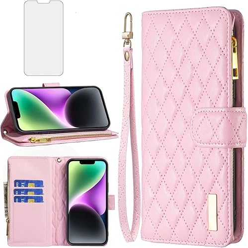 Asuwish Funda de teléfono para iPhone 14 de 6.1 pulgadas con protector de pantalla de vidrio templado y soporte para tarjeta de crédito, accesorios