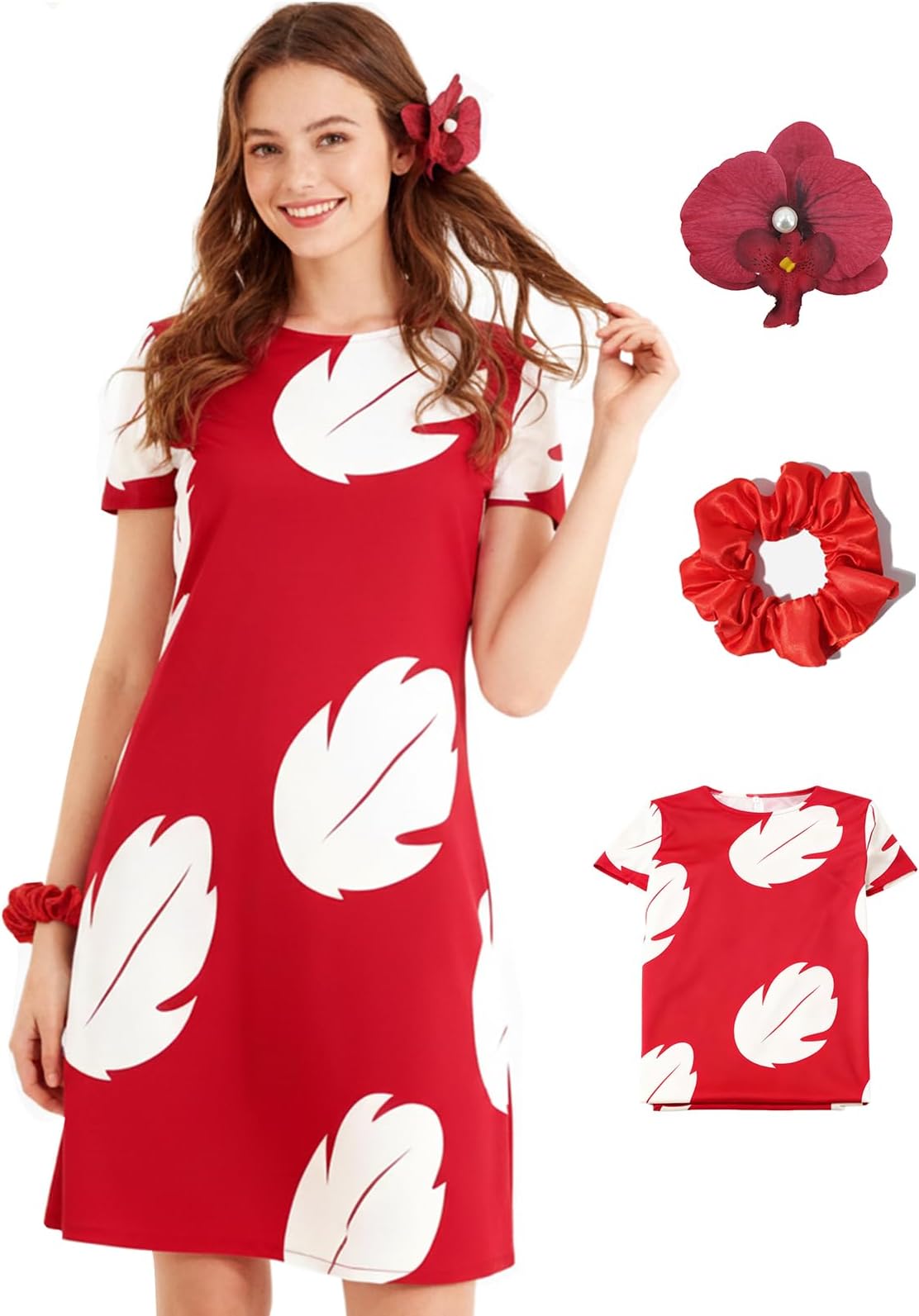 Island Princess Costume Women Hawaiian Leaf Dress Adult Costume Red Short Sleeve Summer Party Casual Halloween Suit