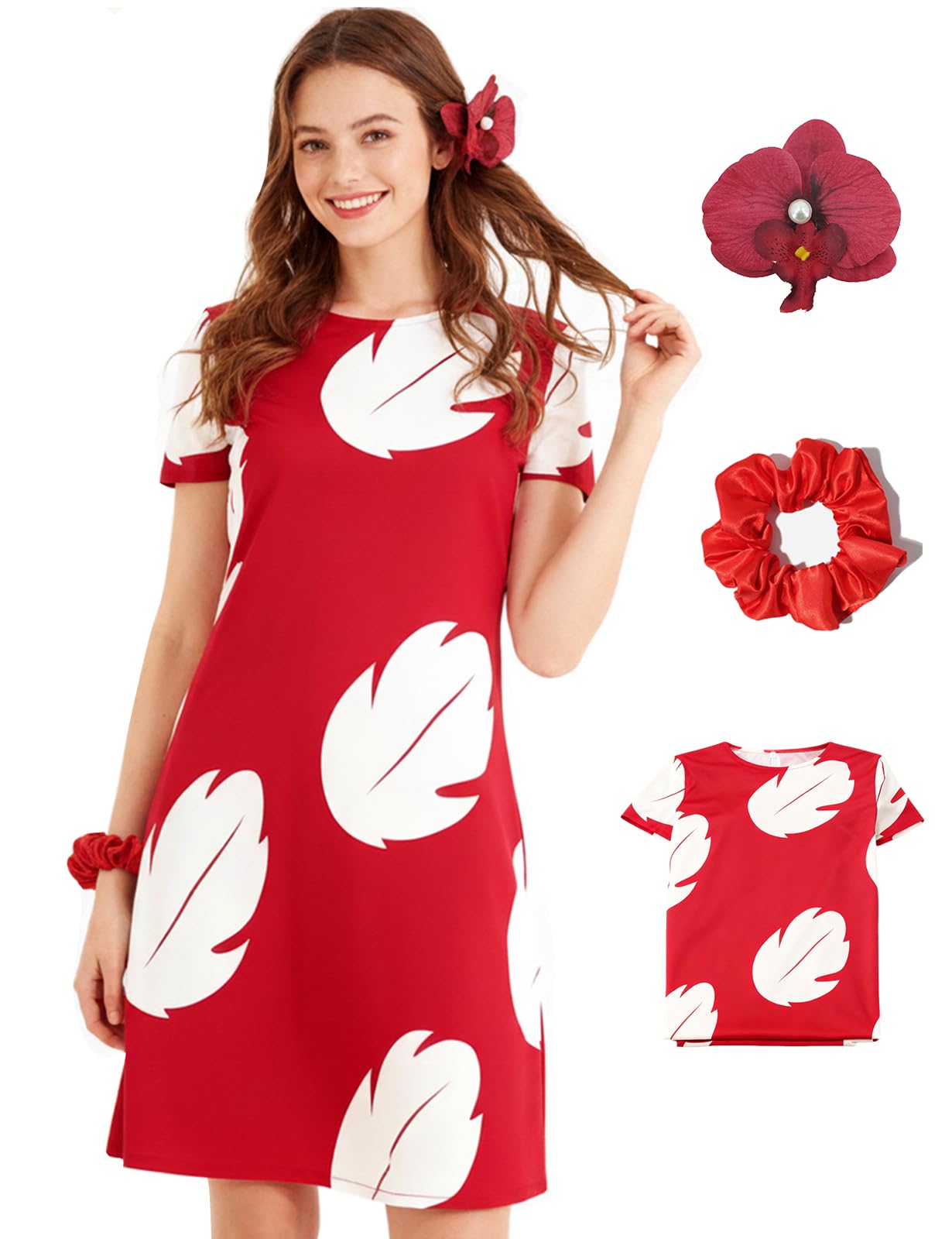 AYYOHONLilo Costume Women Hawaiian Leaf Dress Adult Costume Red Short Sleeve Summer Party Casual Halloween Suit