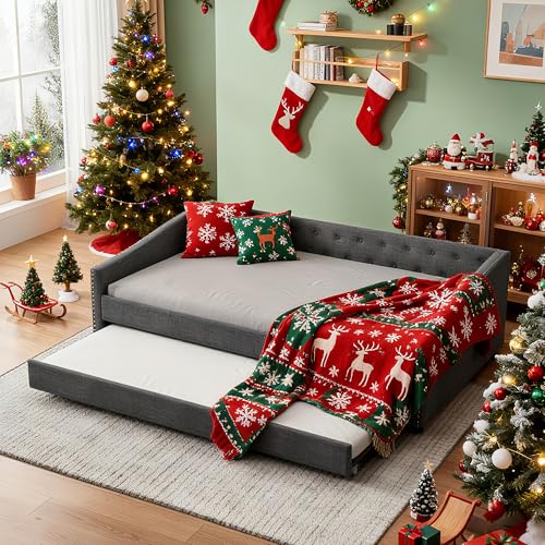 FAVSH Full Size Upholstered Daybed with Trundle,Tufted Sofa Bed w/Button on Back and Piping on Waved Shape Arms for Bedroom Guest Room, No Box Spring Needed,Dark Grey