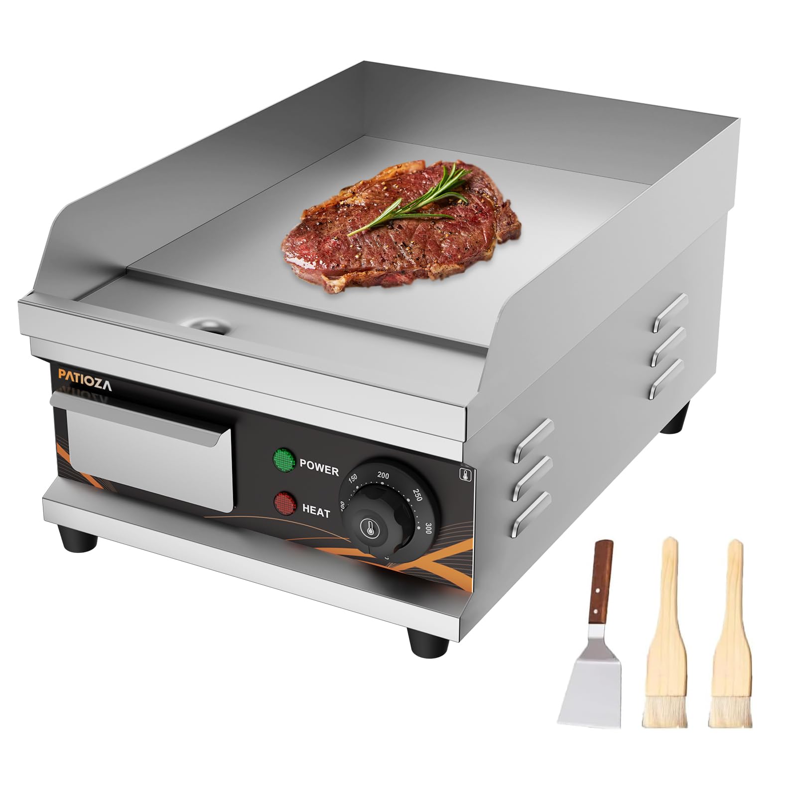 PATIOZA Commercial Electric Griddle 28cm,1700W Stainless Steel Flat Top Griddle Temperature Control 50-300°C Teppanyaki Grill for Home and Commercial Restaurant