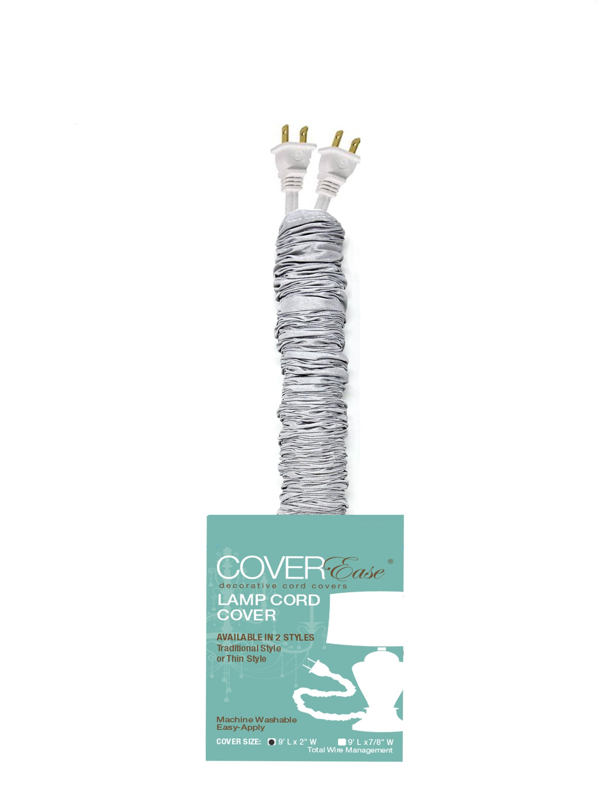 Gray COVEREase Lamp Cord Cover 9 ft Faux Silk Fabric Cover - Cable Sleeve, Wire Cover, Cord Hider for Cable Management for Electrical Lighting