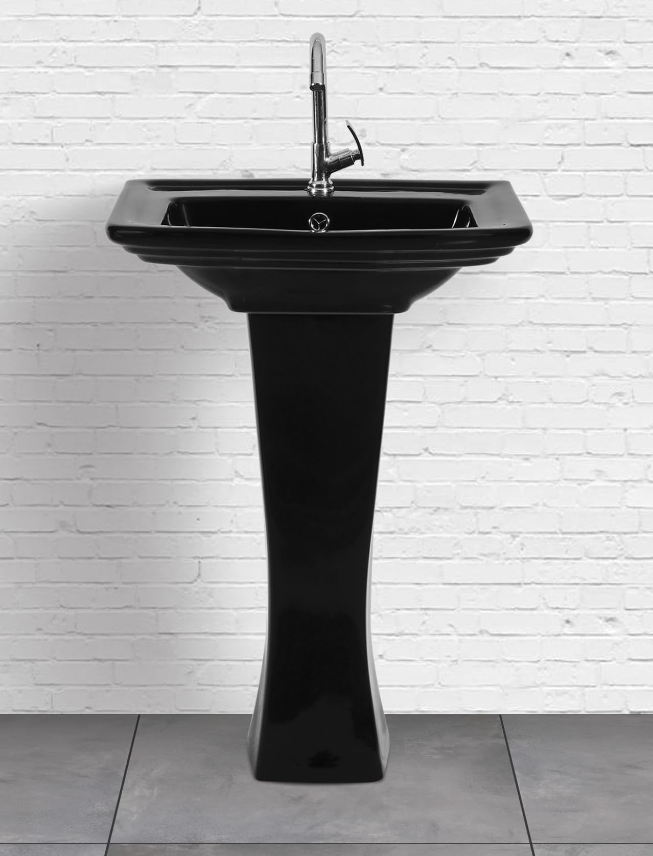 Ceramic Pedestal Wash Basins, Wall Mounted and Floor Standing, White and Black (Sofia Black)