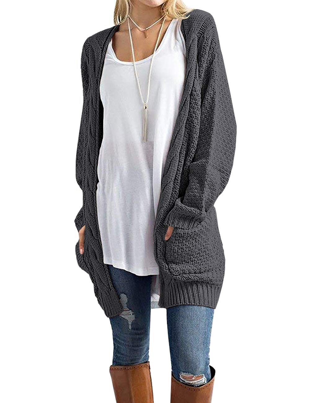 GRECERELLEWomen's Loose Open Front Long Sleeve Chunky Knit Cable Cardigans Sweater with Pockets