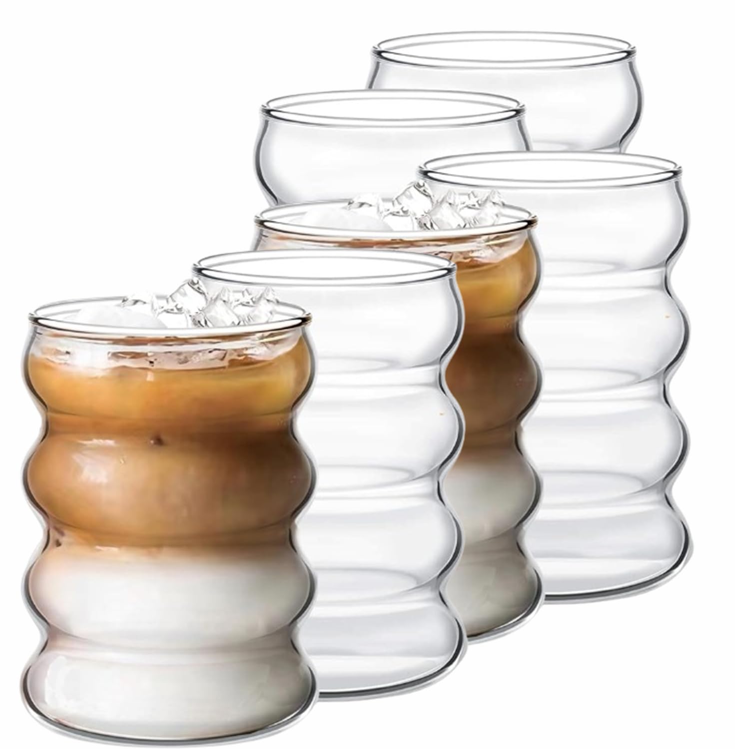 Vintage Ribbed Drinking Glasses 14 oz - Set of 6 Ripple Highball Glasses for Soda Tea and Cocktails