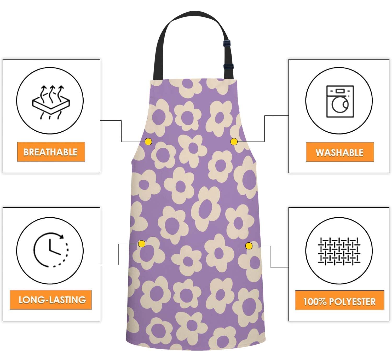 Smooffly Vintage Groovy Purple Flowers Apron Adjustable Bib Chef Aprons Cooking Apron Unisex Women Men Aprons Perfect for Home Kitchen Baking - Image 4