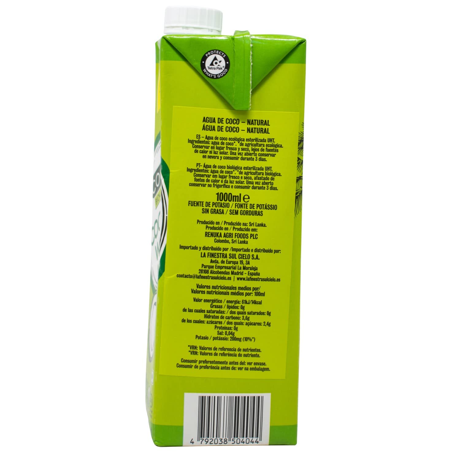 Agua de coco 100% Bio 1L.