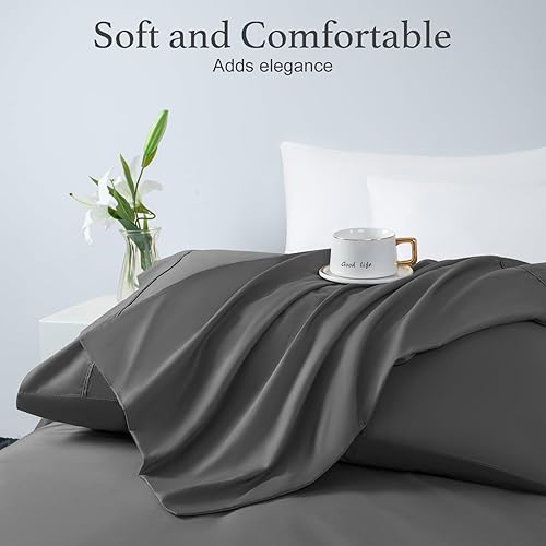 Miniatura 2 de SAKIAO Juego de sábanas de lujo de 1000 hilos de algodón pesado, 100% algodón egipcio, muy suaves (gris oscuro, tamaño California King)