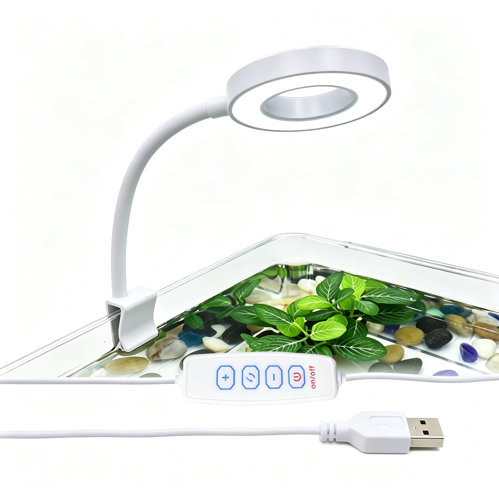 Petite lampe d'aquarium à clipser LED USB Spectre complet avec variateur d'intensité Multicolore Blanc + Bleu + Rouge pour réservoir Betta de 1 à 5 gallons (adaptateur non inclus, minuterie non